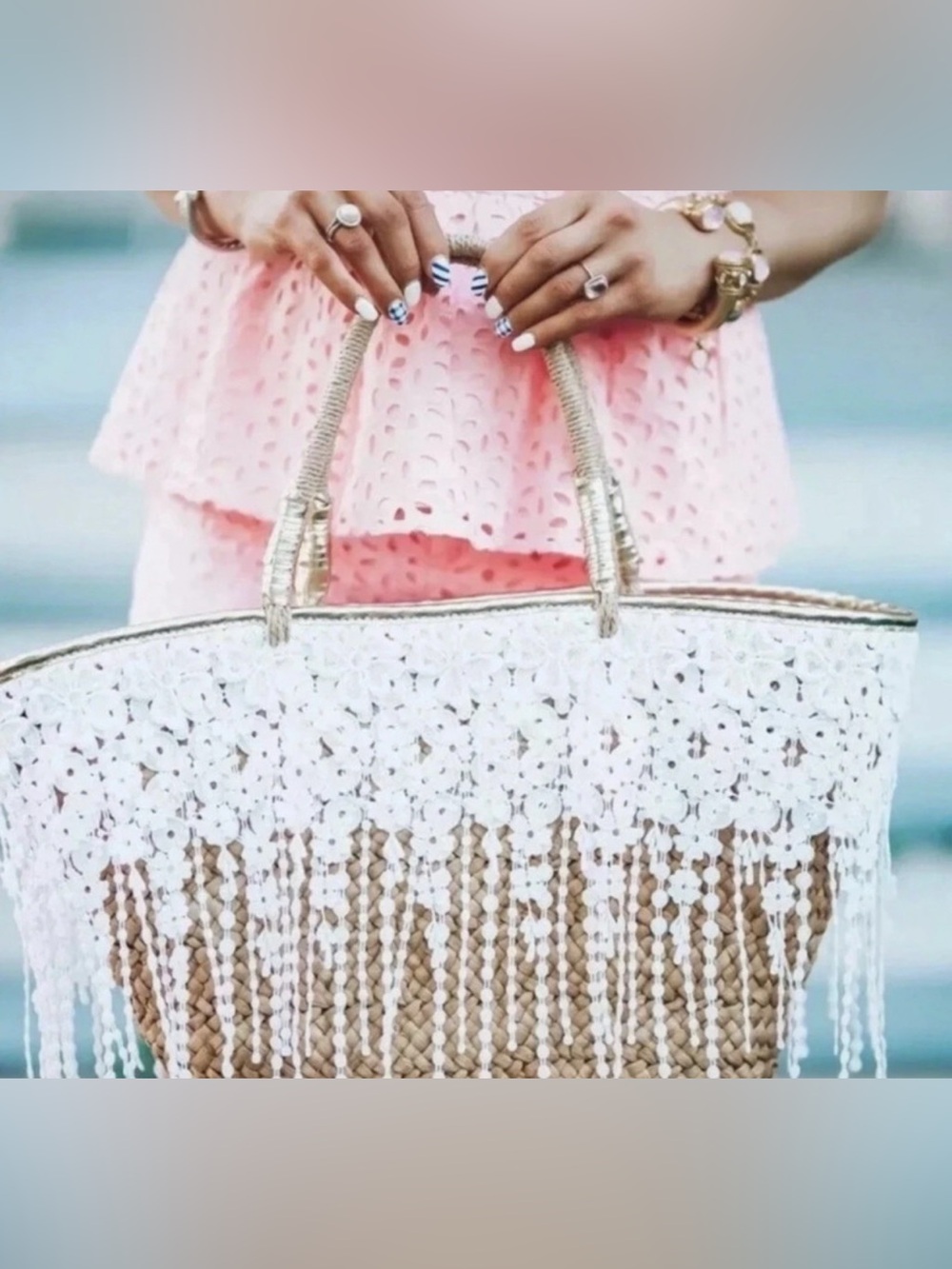 Lilly Pulitzer White Crochet Fringe Woven Tote with Gold Handles